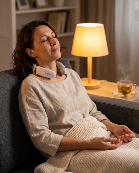 Žena na kauču s PulseRelief X na vratu, zatvorenih očiju, blagi osmijeh